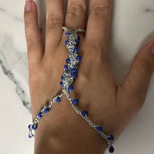 Silver and Blue Beaded Hand Chain Silver Crochet